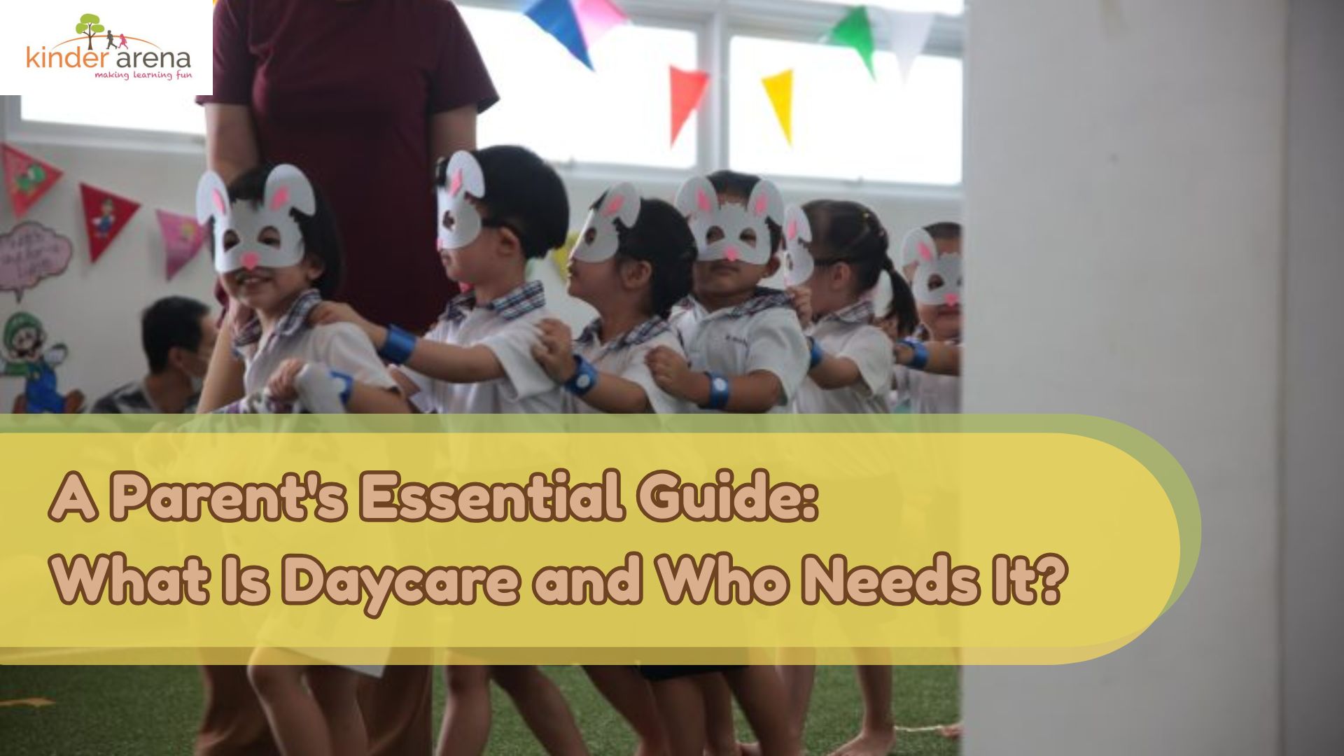 Children lining up having fun in Kinder Arena daycare with bunny mask.