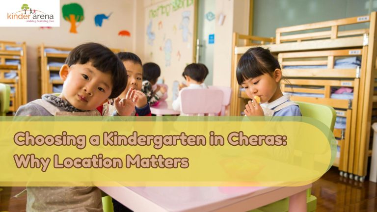 Children sitting at a table of kindergarten Cheras with plates and bowls of food
