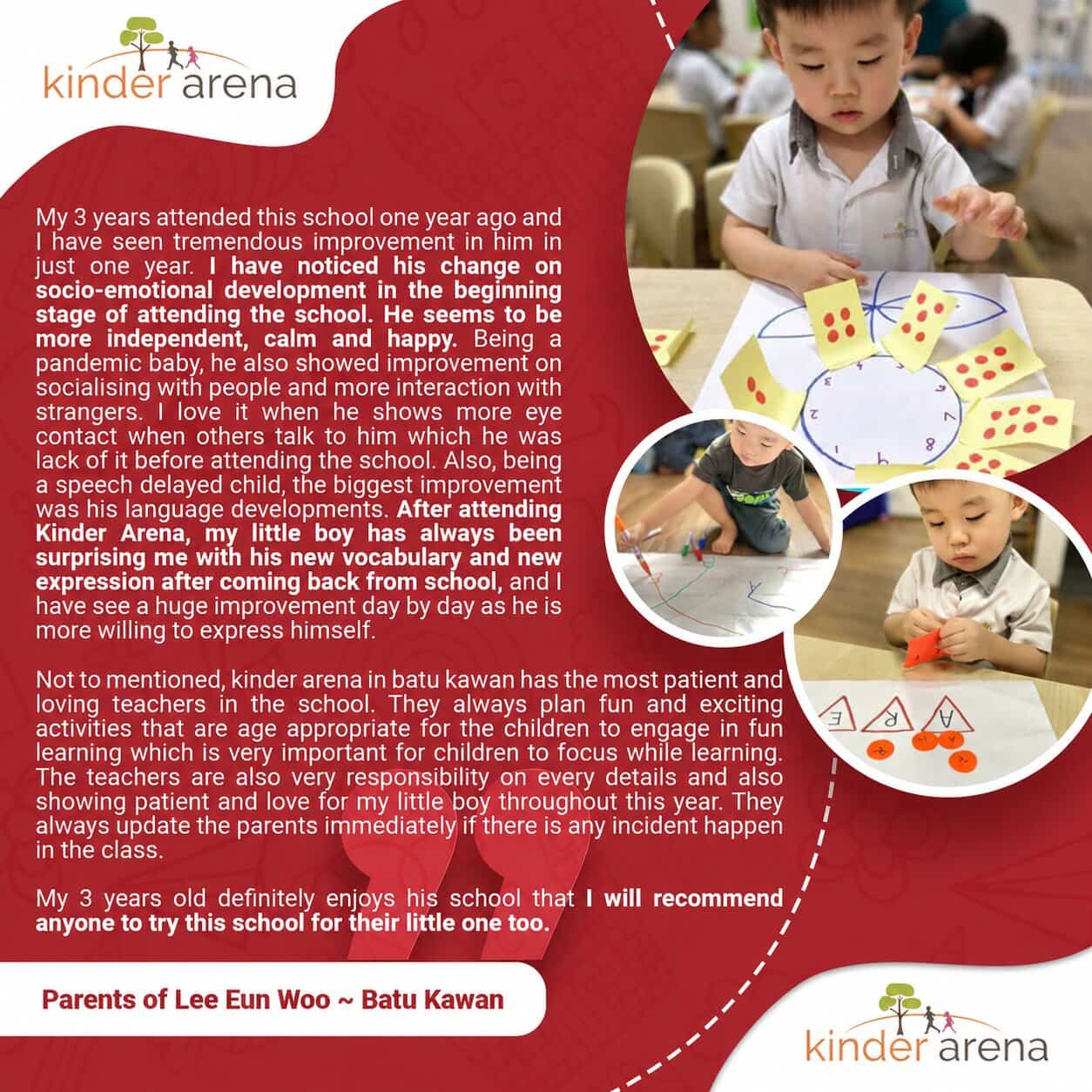 Kinder Arena Batu Kawan Testimonial from parents