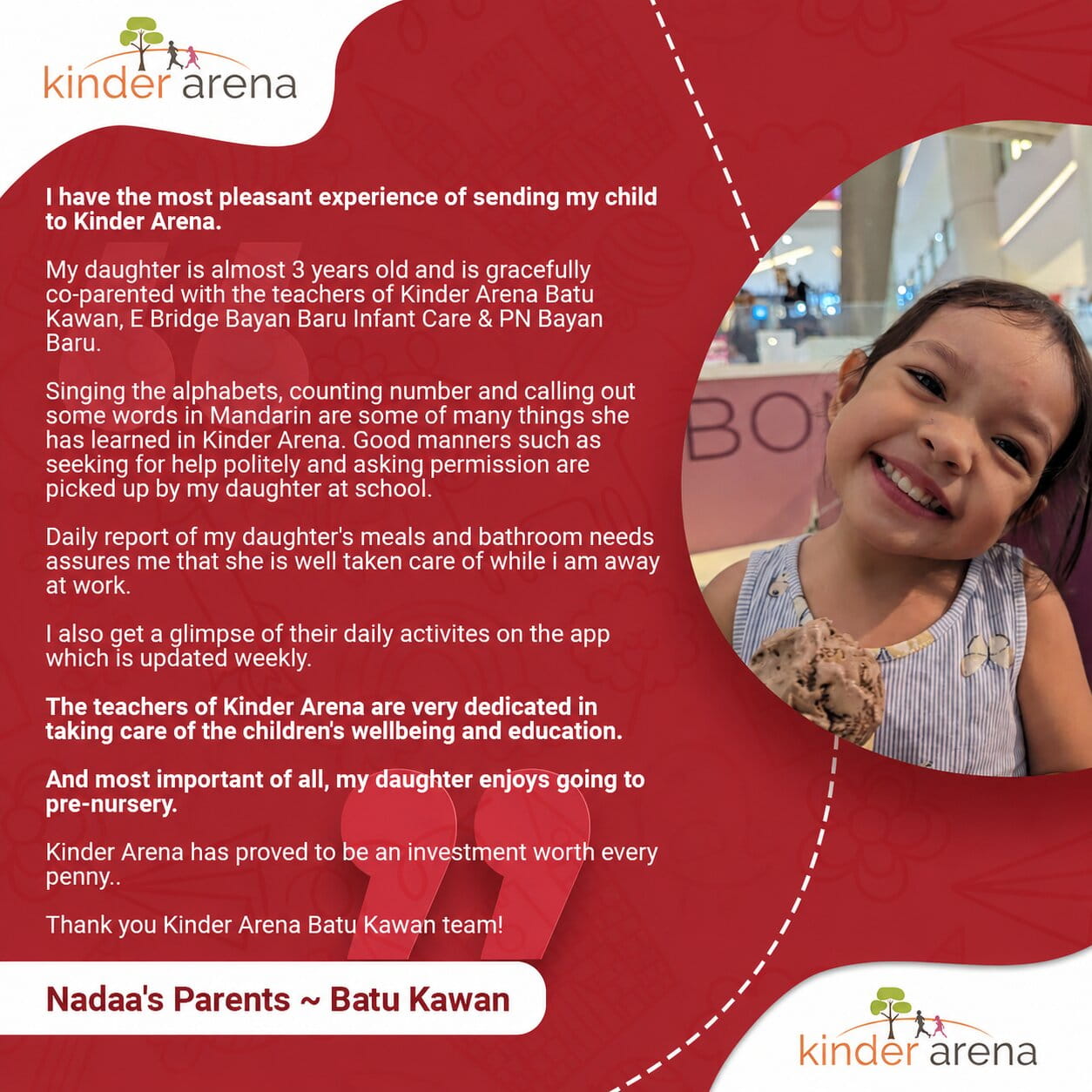 Kinder Arena Batu Kawan Testimonial from parents