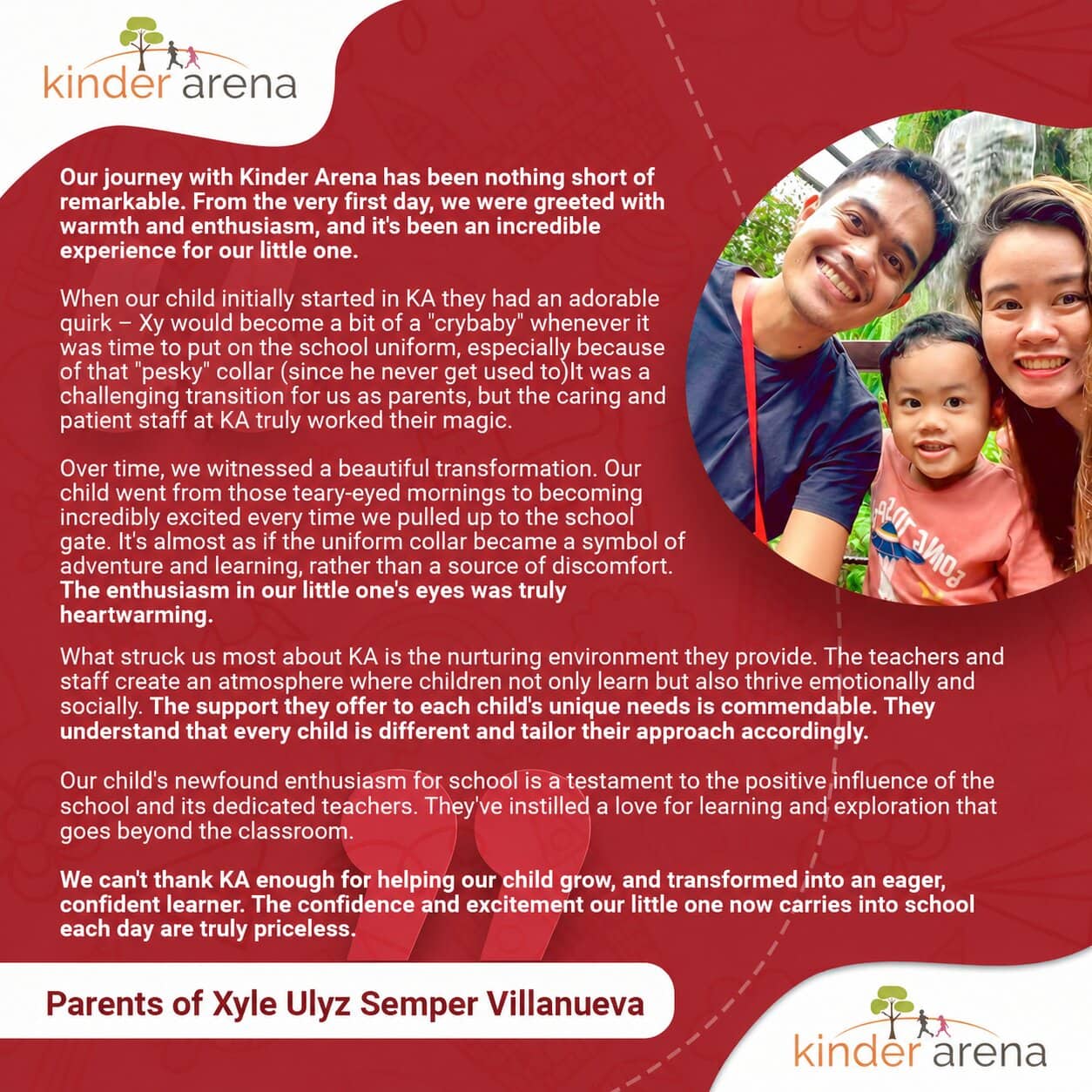Kinder Arena Batu Kawan Testimonial from parents