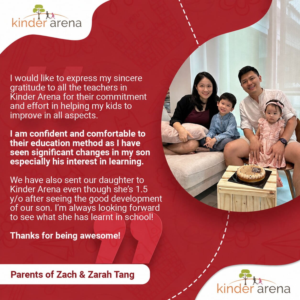 Kinder Arena Batu Kawan Testimonial from parents