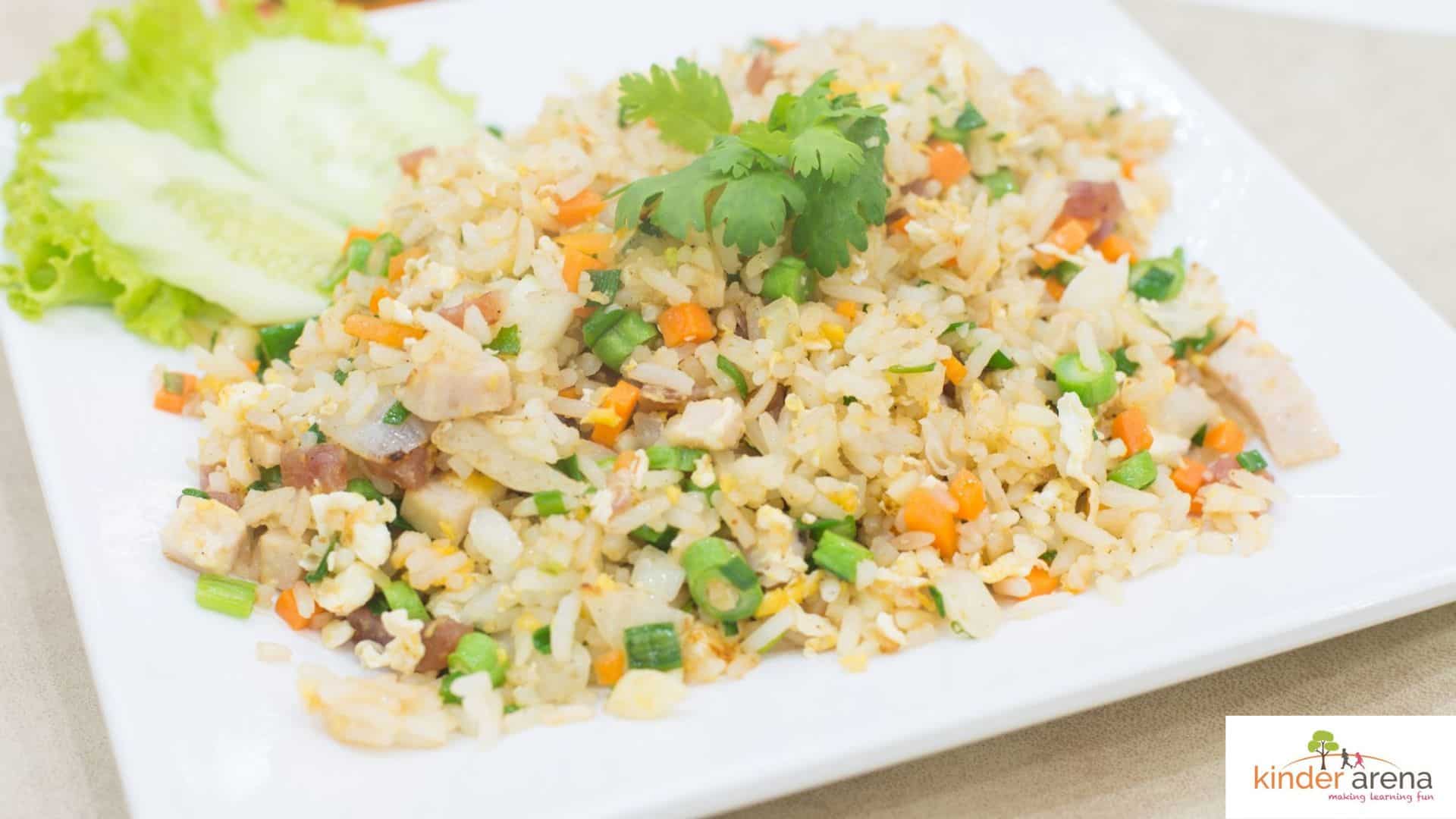 Healthy lunchbox idea for children, fried rice with egg and vegetables