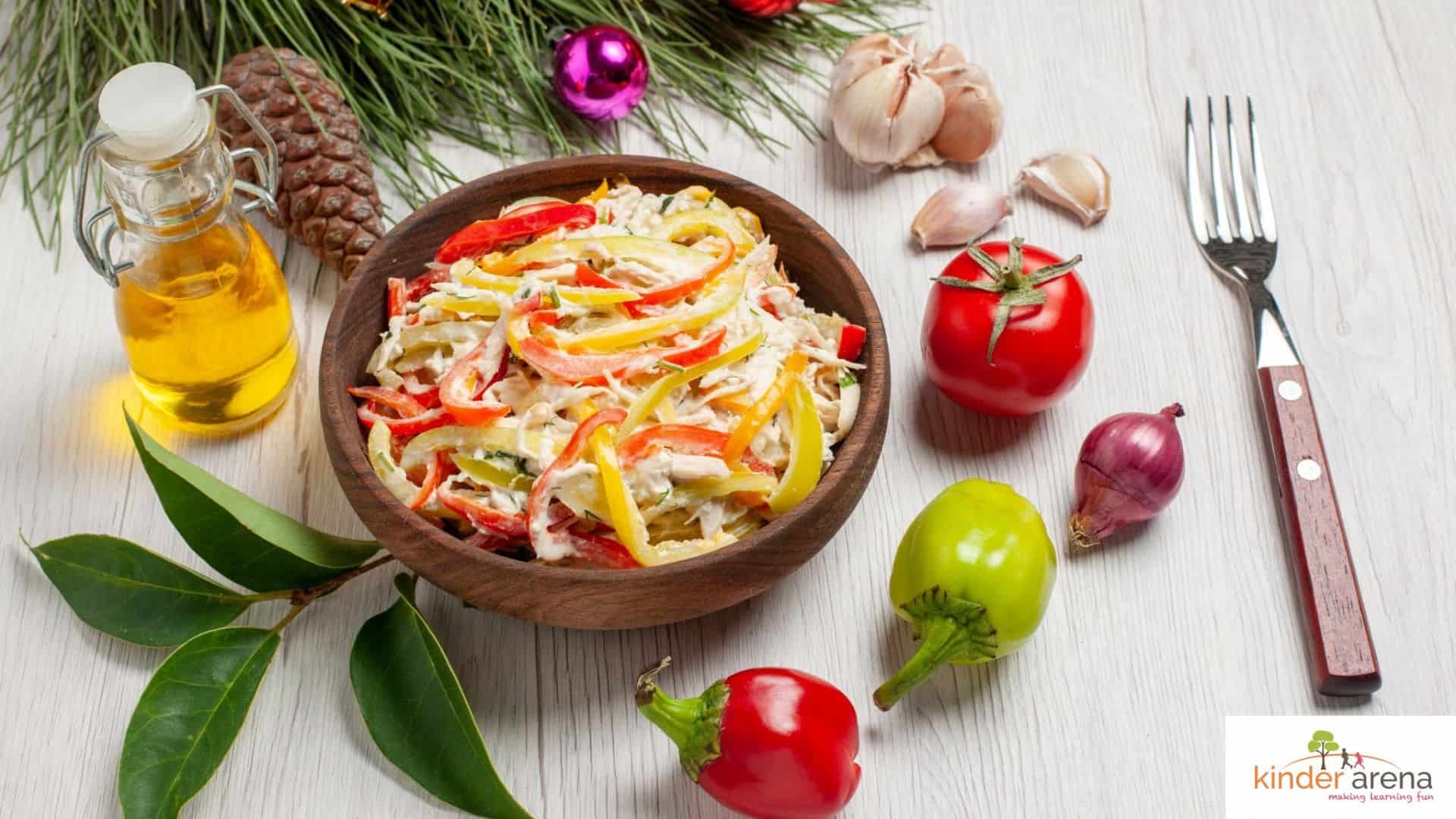 Healthy lunchbox idea for children, pasta salad with chicken and fruit