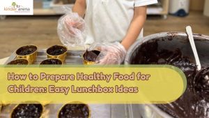Children preparing chocolate cake as lunchbox for his peers