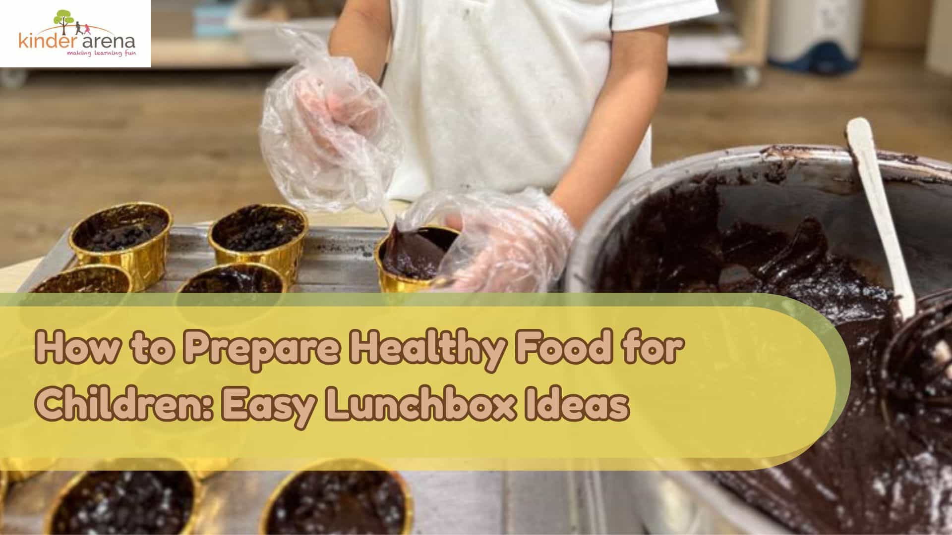 Children preparing chocolate cake as lunchbox for his peers